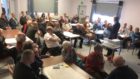 Rail consultant David Prescott addresses a packed public meeting in Kincardine
