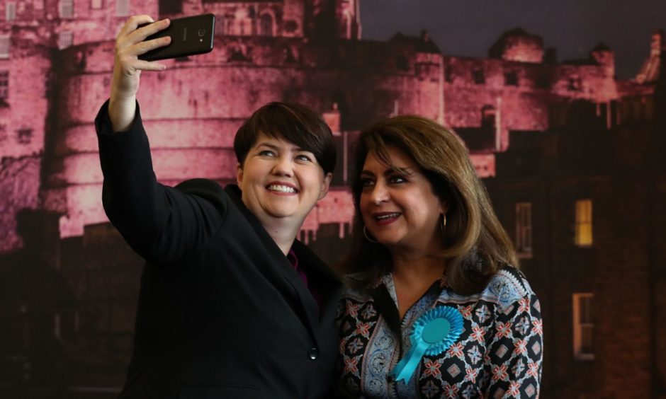 Scottish Conservative leader Ruth Davidson with Conservative European candidate Nosheena Mobarik take a selfie together at the European Parliamentary elections count at the City Chambers in Edinburgh.