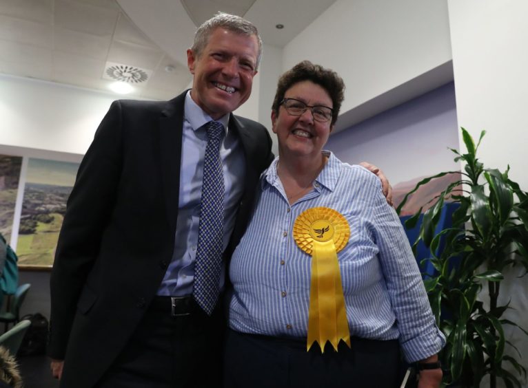 Scottish Liberal Democrat leader Willie Rennie with European candidate Sheila Ritchie at the European Parliamentary elections count at the City Chambers in Edinburgh.