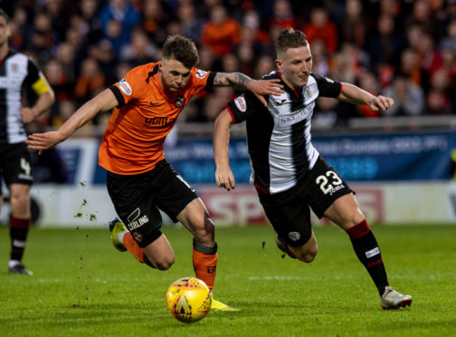 Jamie Robson battles with St Mirren's Kyle McAllister.