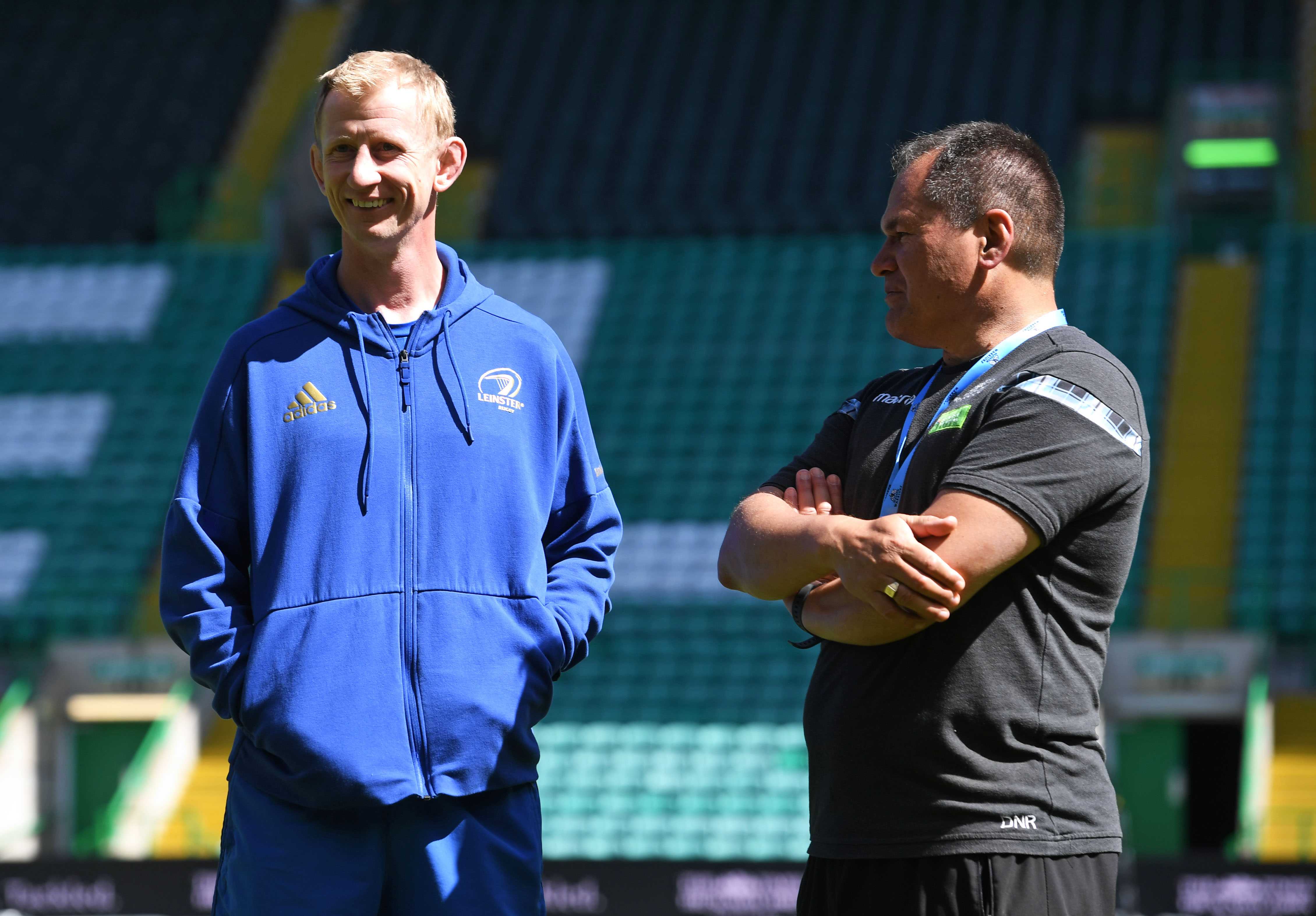 Glasgow Warriors Head Coach Dave Rennie (r) and Leinster's Leo Cullen.
