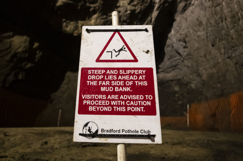 A sign inside Gaping Gill, the largest cavern in Britain, situated in Yorkshire Dales National Park, ahead of its opening the public next weekend.