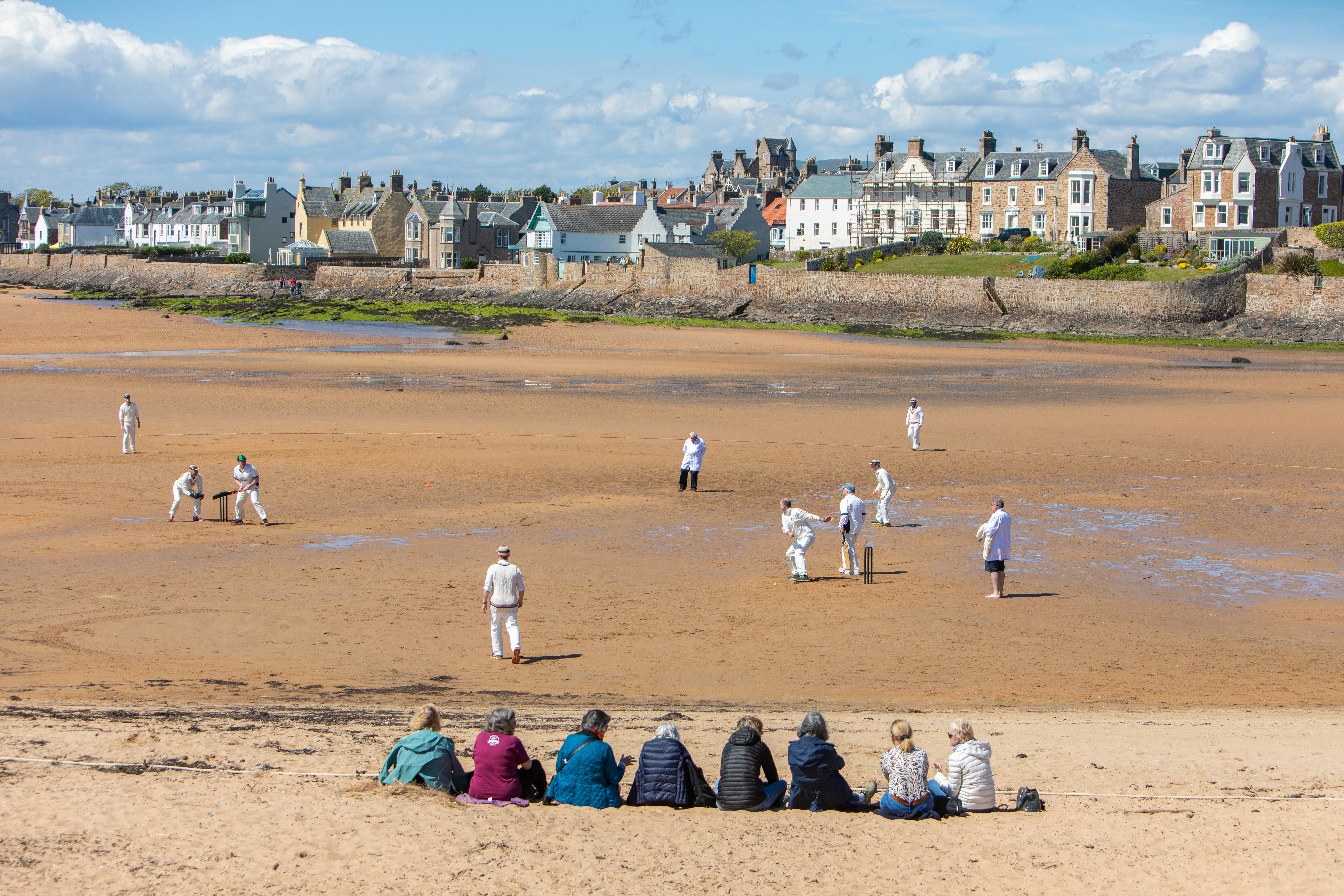 1st Game of Season at Elie for Beach Cricket. The Ship Inn CC Vs The Borderers match as the 1st match of the season begins in Elie.