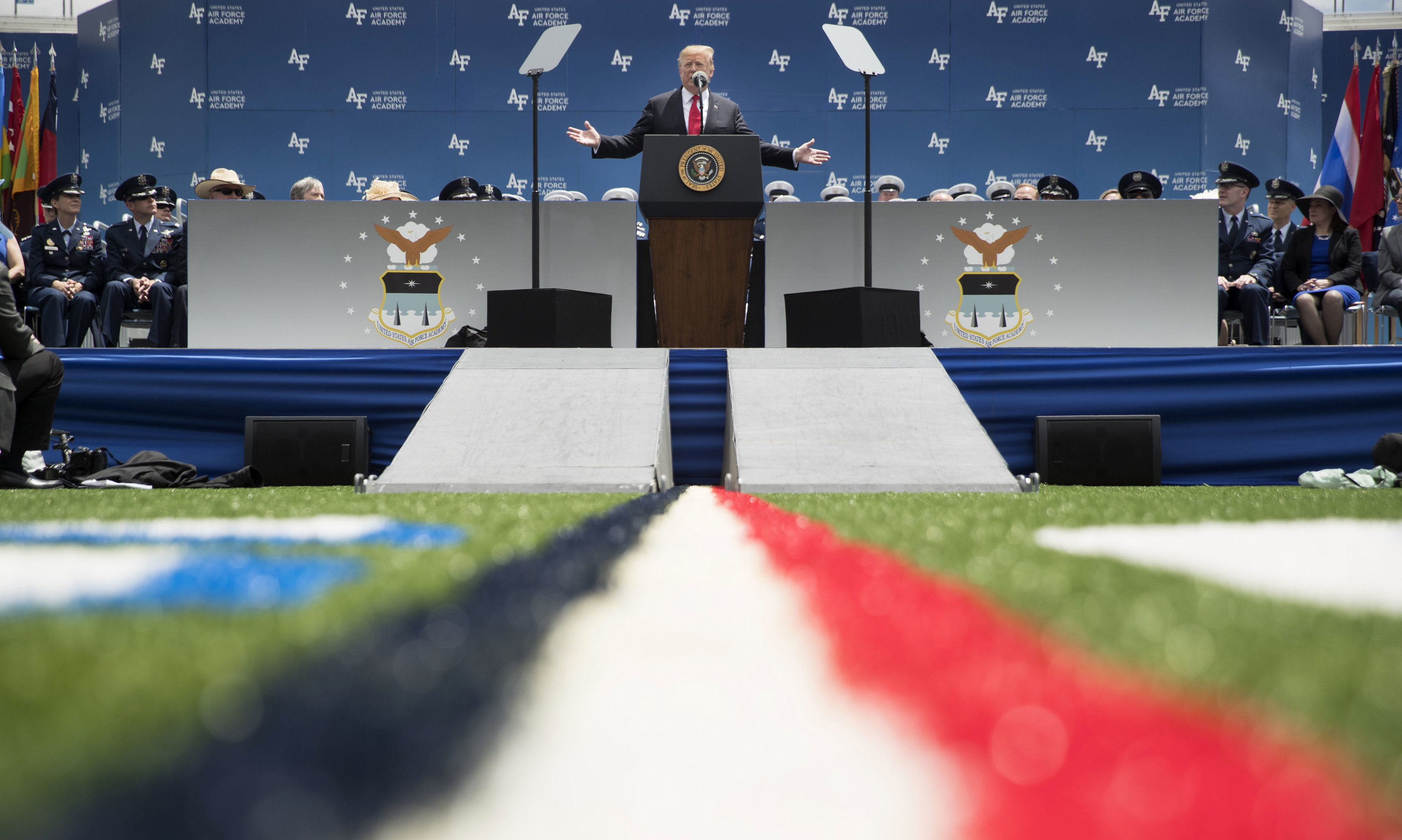 President Donald Trump speaks during the 2019 United States Air Force Academy Graduation Ceremony at Falcon Stadium.