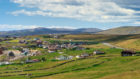 Lerwick town centre under blue sky.