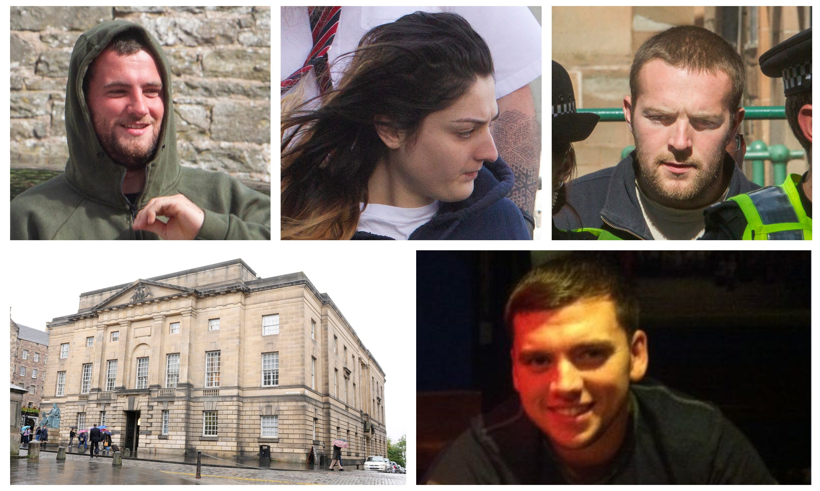 Steven Dickie (top left), Tasmin Glass (top middle) and Callum Davidson (top right) were all convicted of killing Steven Donaldson (bottom right).