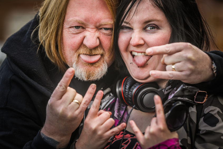 BonFest - annual AC/DC Festival held in Kirriemuir where hundreds of rockers will flock to see various bands. Picture shows; Bob Boyd from Broughty Ferry and Heather Brownlee from Whitfield enjoy BonFest.