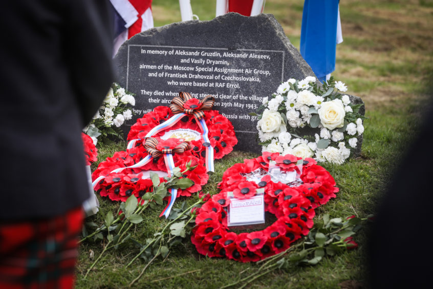 Wreaths laid at the engraved stone. Another memorial service is being planned for Errol next year to mark the 75th  anniversary of the end of the war.