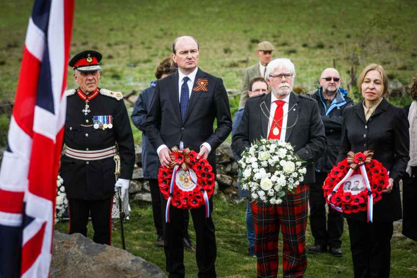 Lord Lieutenant of Perth and Kinross Sir Melville S Jameson, the Consul General of Russia,  Provost of Perth and Kinross Dennis Melloy and author Anna Belorusova alongside family members and other dignitaries.