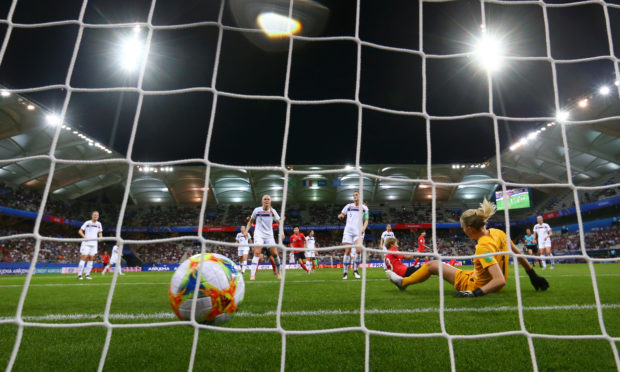 Minji Yeo of Korea Republic scores her team's first goal past Ingrid Hjelmseth of Norway during the 2019 FIFA Women's World Cup France group A match between Korea Republic and Norway at Stade Auguste Delaune on June 17, 2019.