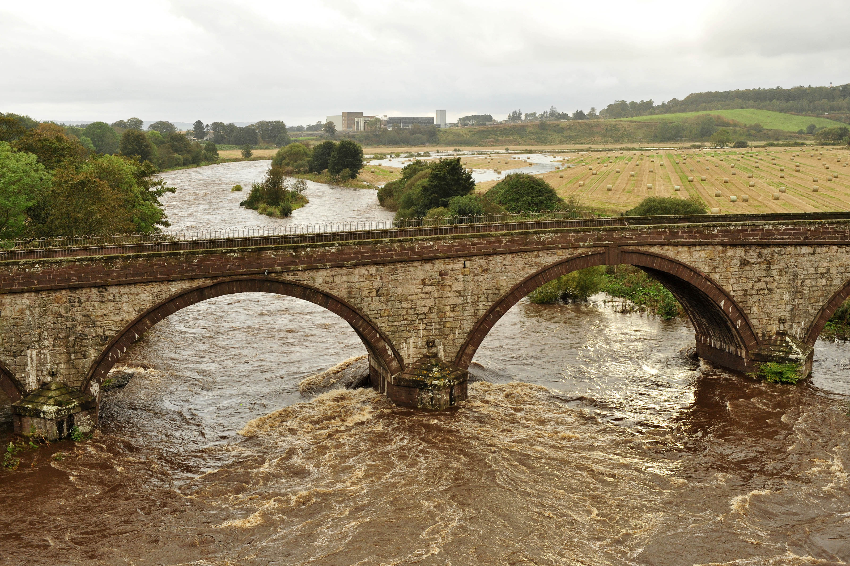 The North Esk in spate near the mouth of the river north of Montrose.