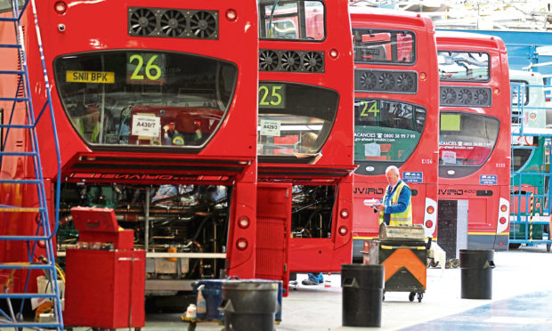 New buses undergo inspection in the production hall at Alexander Dennis  Pictured is the factory floor of Alexander Dennis bus builders in Falkirk