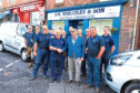 Tele News - Sarah Williamson story - Dougie Dow. 
CR0010703
Picture shows; Dougie Dow, 2nd left front who retired today after 48 years with JW Wheatley & Son, Electrical Contarctors based in Alyth, along with (front four L/R) David Wheatley, Ian Wheatley and Stuart Wheatley. Thursday 20th June 2019.
Dougie Nicolson / DCT Media.