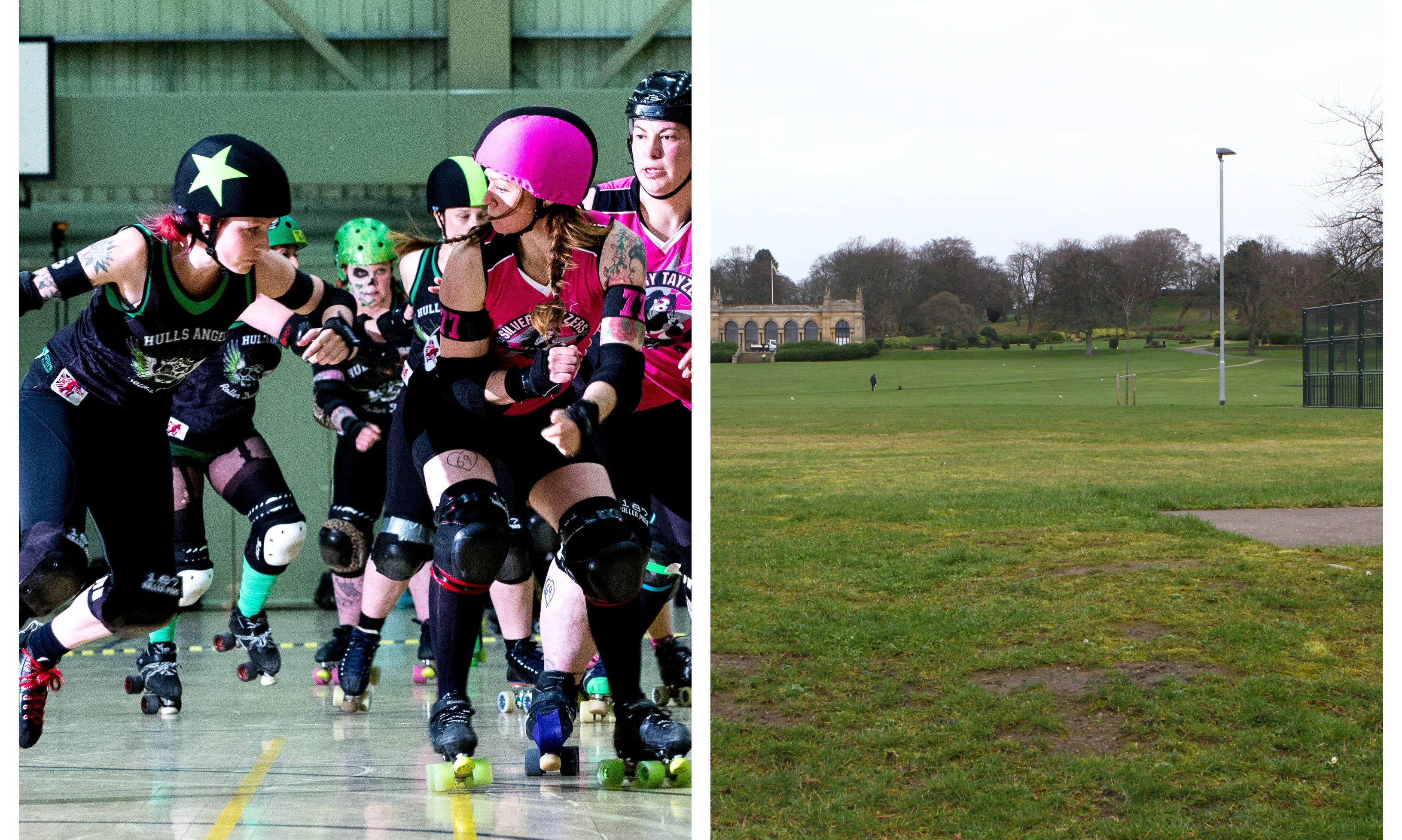 Growing sport roller derby (left) could be played on the proposed site at Baxter Park (right)