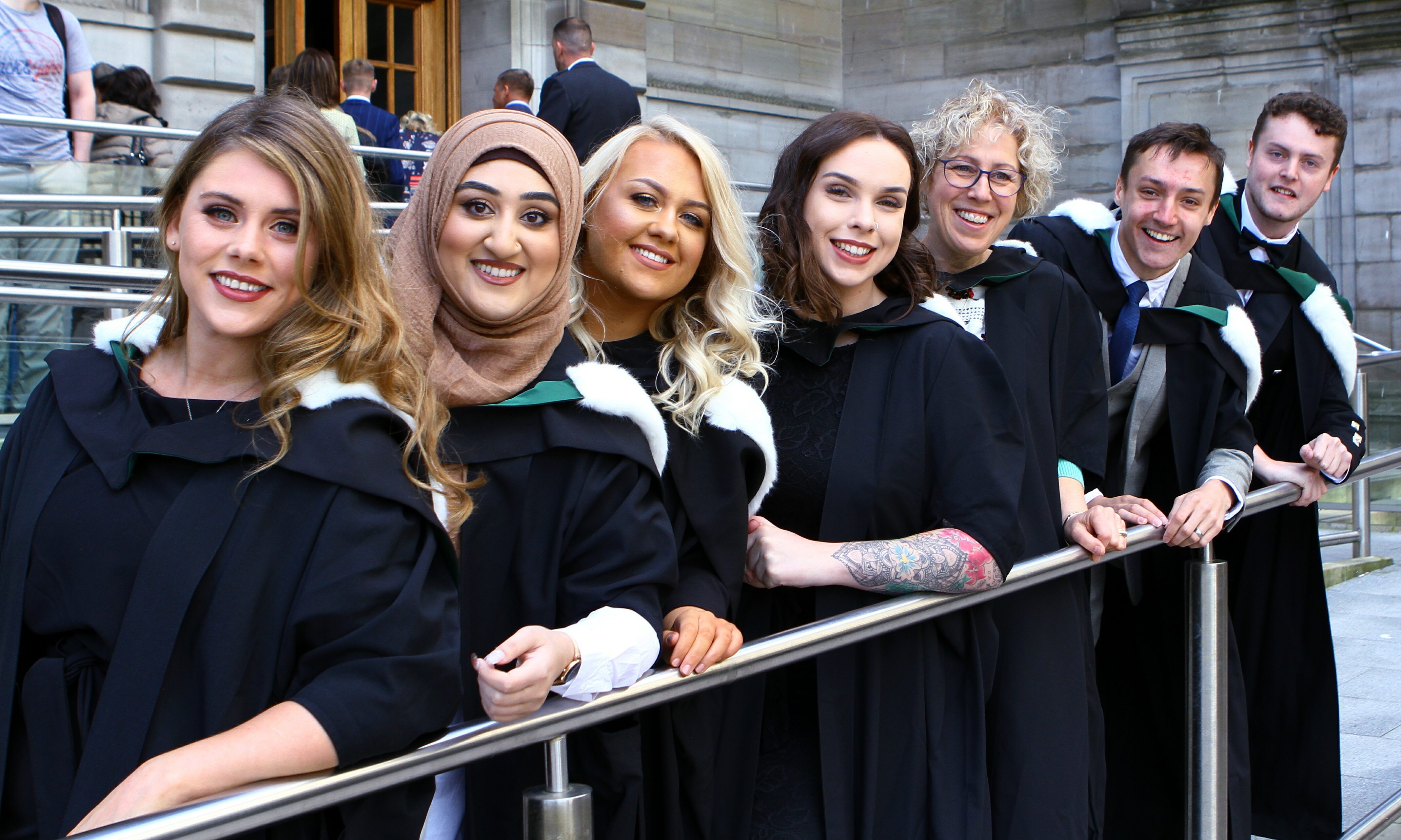 Social Work graduates, L/R, Nicole Marra, Anisah Ali, Claire Trevis, Bethany Gibson, Audrey Mitchell, Lewis Cameron and Dan McArthur.