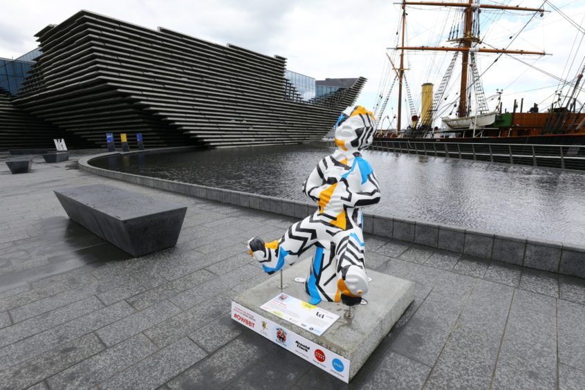 An Oor Wullie sculpture was installed next to the V&amp;A Dundee as part of the Big Bucket Trail in 2019.