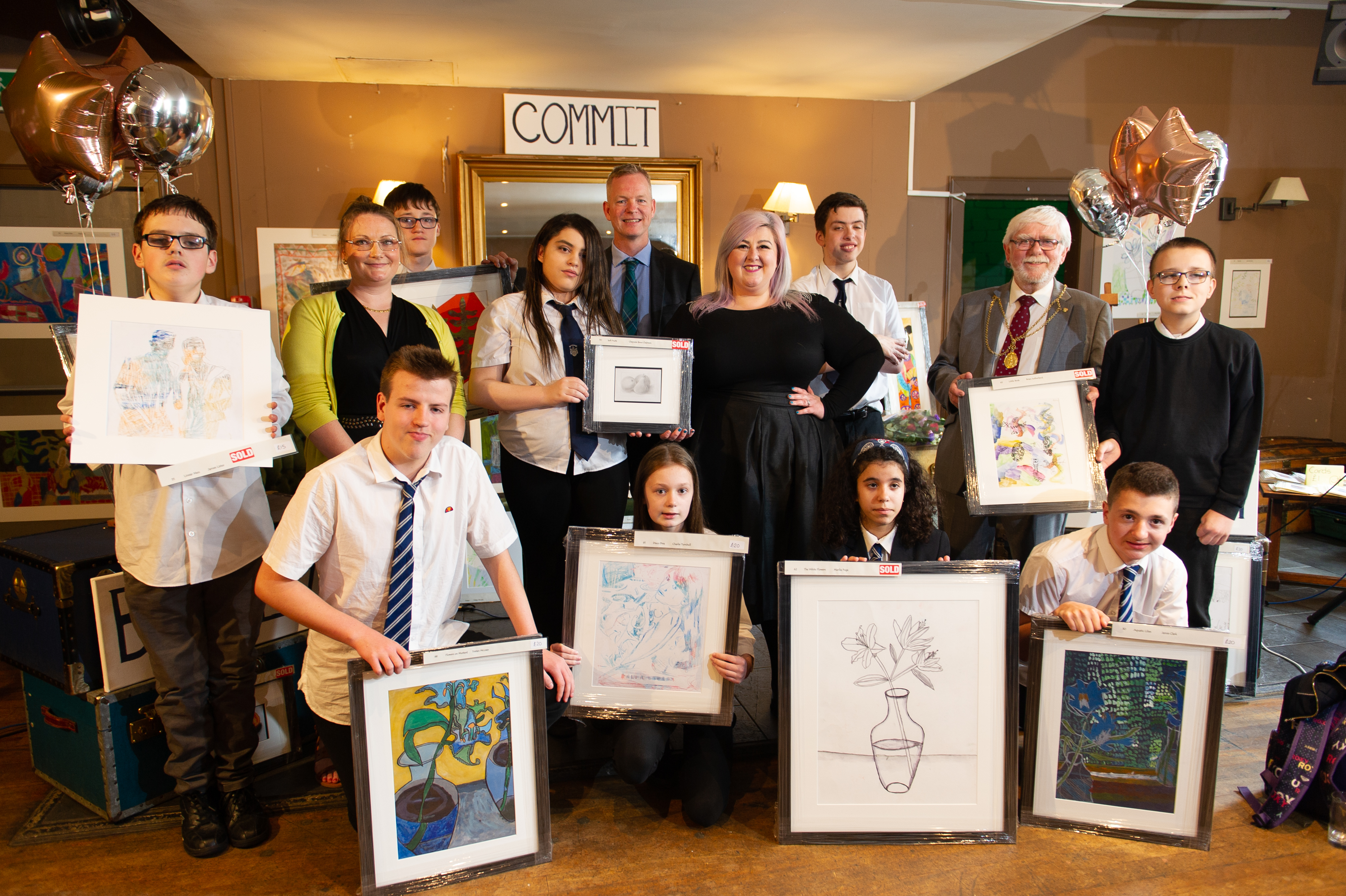 Gillian Ferriday, Perth Academy rector John Lothian, Michelle McManus and Provost Dennis Melloy, along with pupils, attended the VIP auction and exhibition launch.