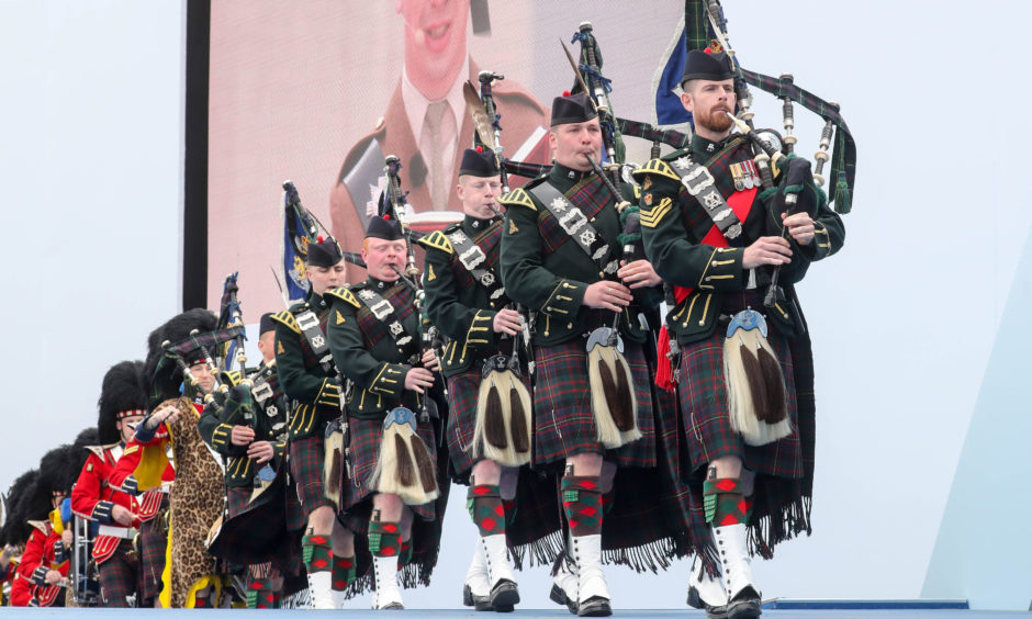 Pipers of the 4th battalion Royal regiment of Scotland performing.