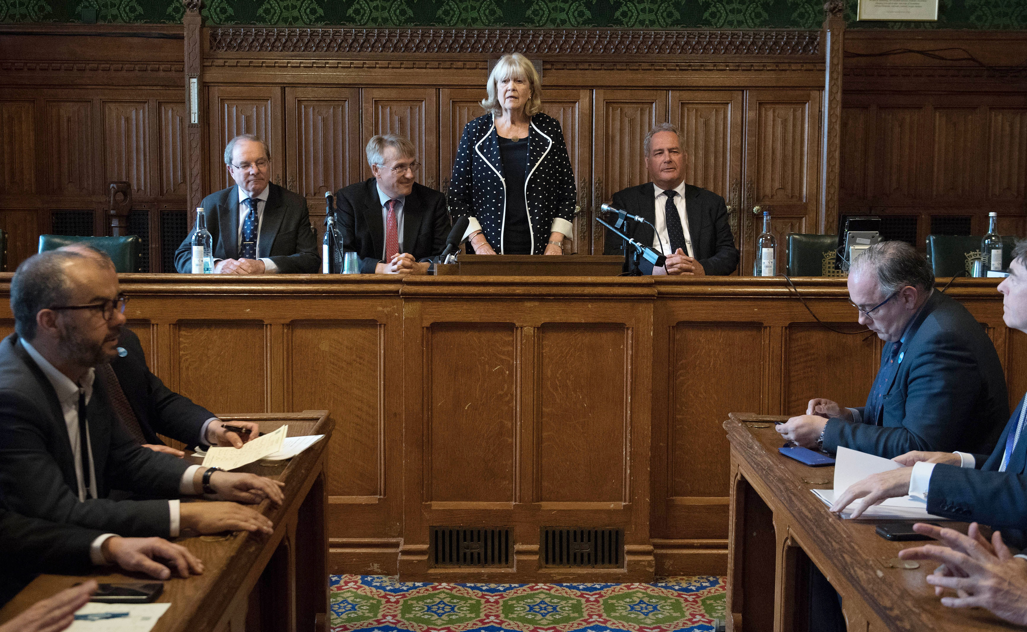 Dame Cheryl Gillan (Centre) with Charles Walker (centre left) and Bob Blackman (centre right) reads out the results of the first ballot in the Tory leadership ballot at the Houses of Parliament in Westminster, London.