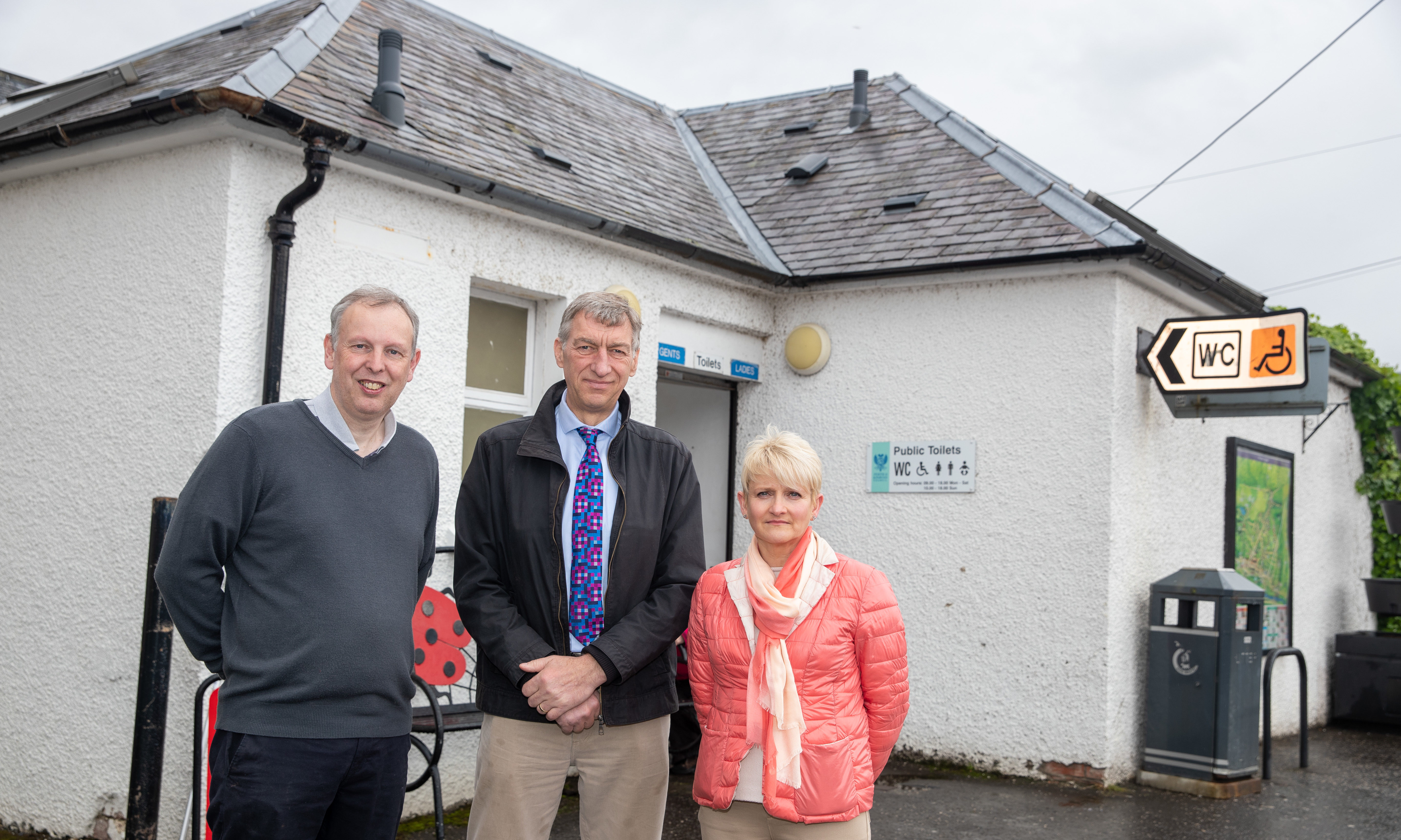 Business owners Mark Wood and Natalie Johnson and Cllr Mike Williamson are campaigning to extend the opening hours of the public toilets  in Pitlochry.