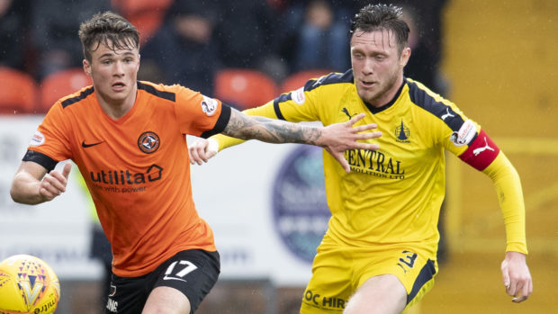 Jordan McGhee, right, in action against Dundee United last season.