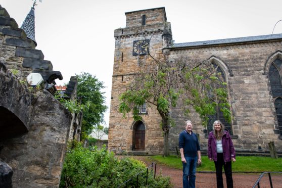 Rosemary Potter (Chairperson of the Trust) and George Proudfoot (Trustee) at Kirkcaldy Old Kirk where funding is needed to save the Old Kirk Tower.