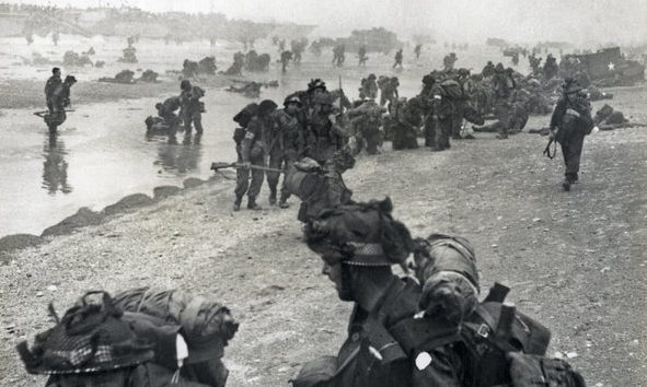 British troops are seen landing on the beaches of Normandy, France on June 6, 1944.