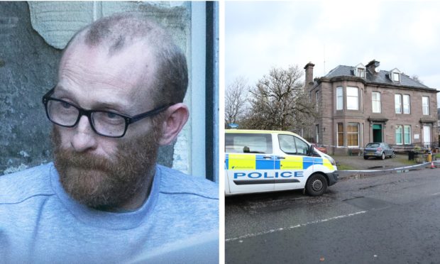 Andrew Morris, left, and the scene of the crime in Coupar Angus, right.
