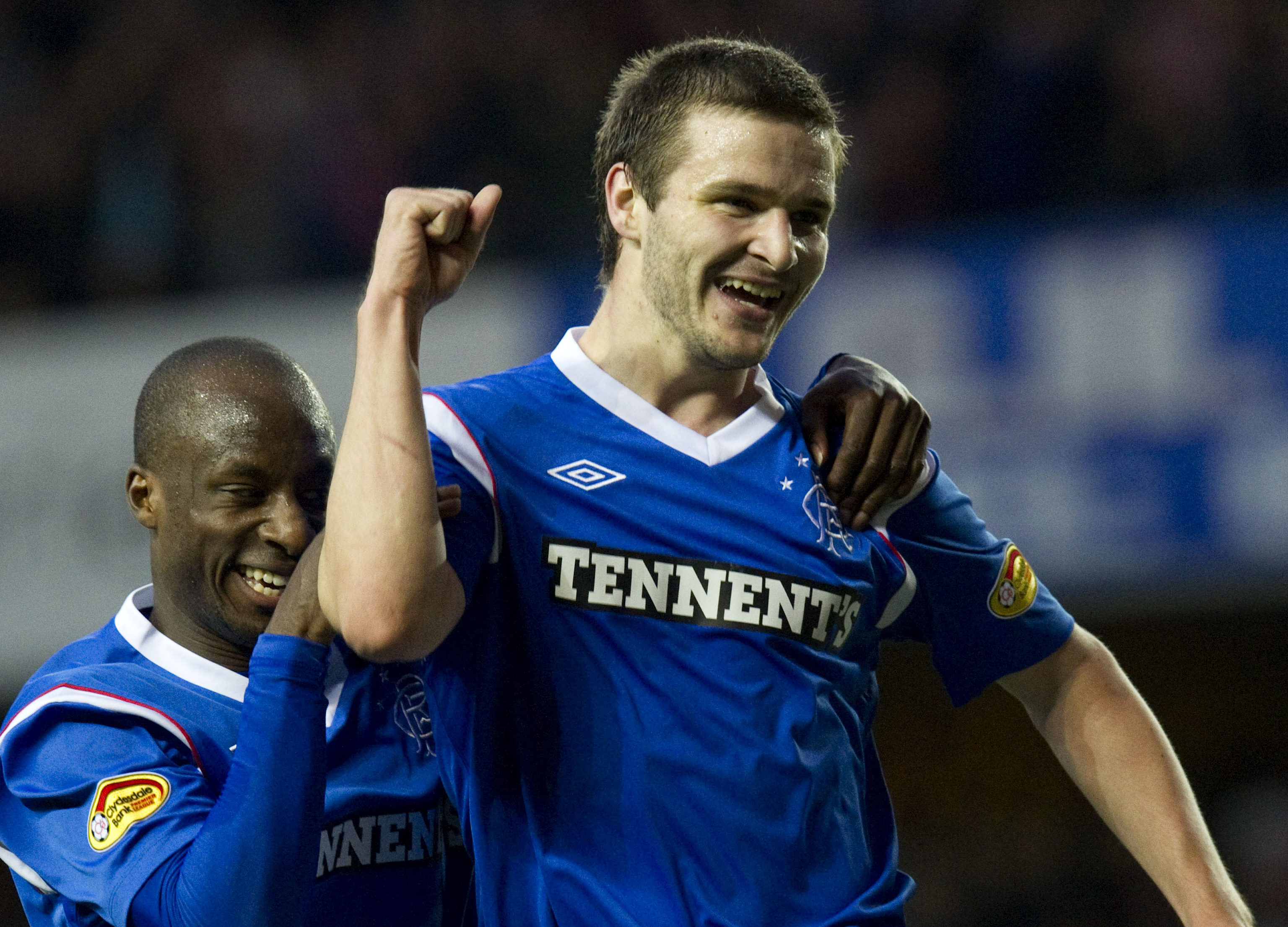 Jamie Ness celebrates scoring for Rangers against Dundee United.