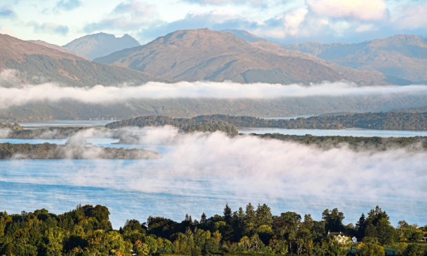 A view from Duncryne Hill of mist sitting over Loch Lomond.