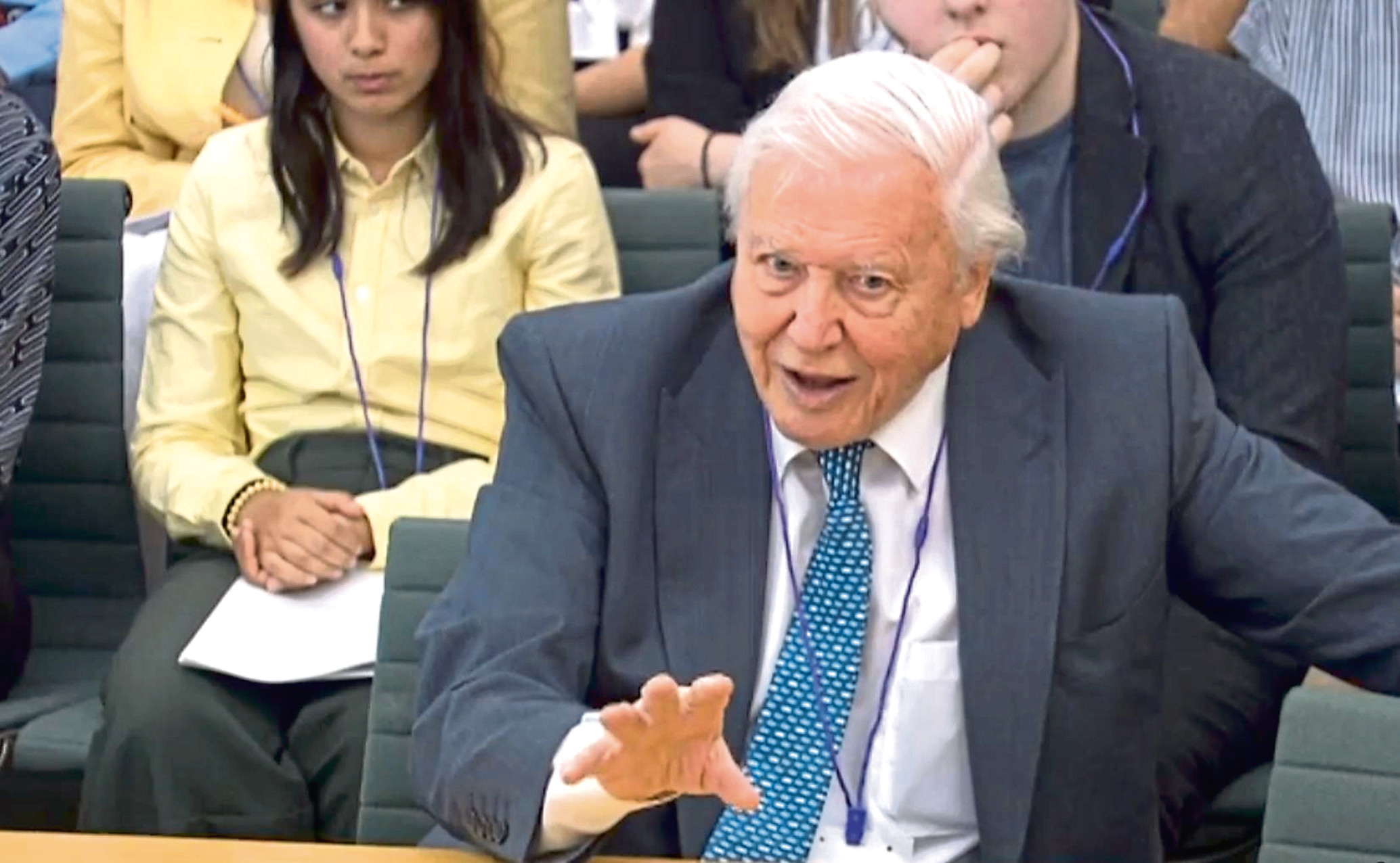 Naturalist Sir David Attenborough giving evidence to the House of Commons Business, Energy and Industrial Strategy Committee, 
PRESS ASSOCIATION Photo. Picture date: Tuesday July 9, 2019. Sir David is being questioned on a range of issues relating to climate change and the country's ambition to have net-zero emissions by 2050. See PA story ENVIRONMENT Attenborough. Photo credit should read: House of Commons/PA Wire