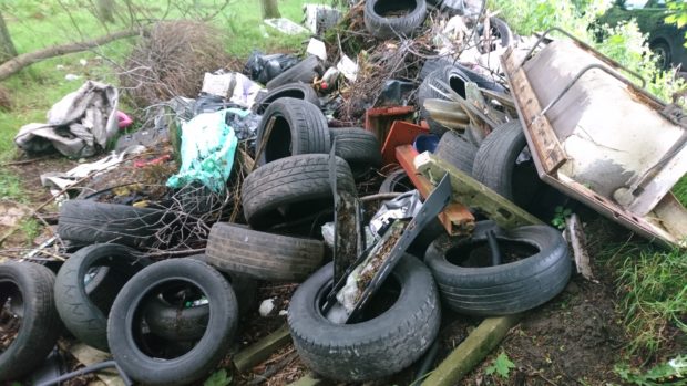 The tyres dumped in woods outside Brechin.