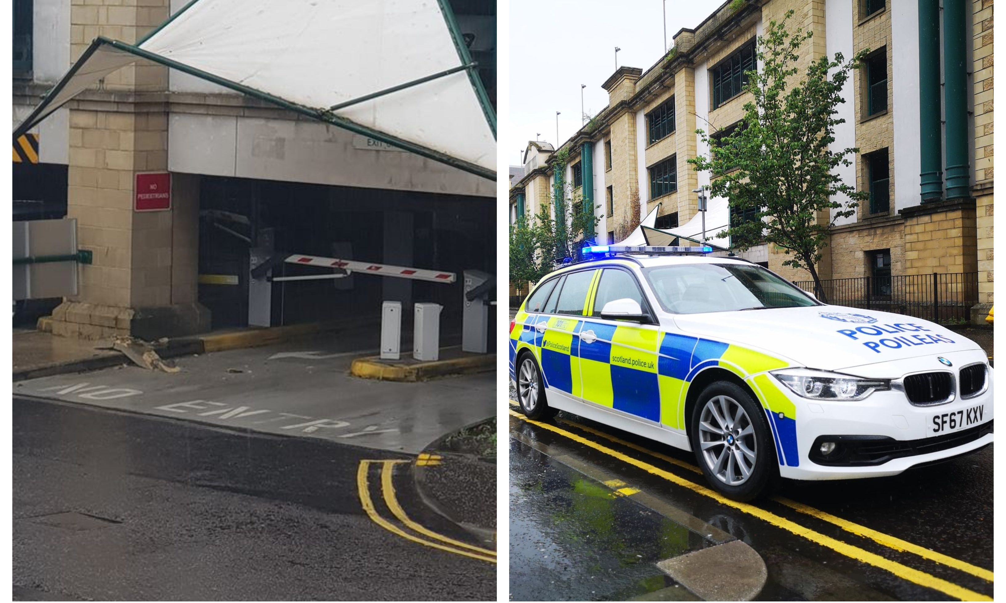 The fallen masonry, left, and police outside the car park