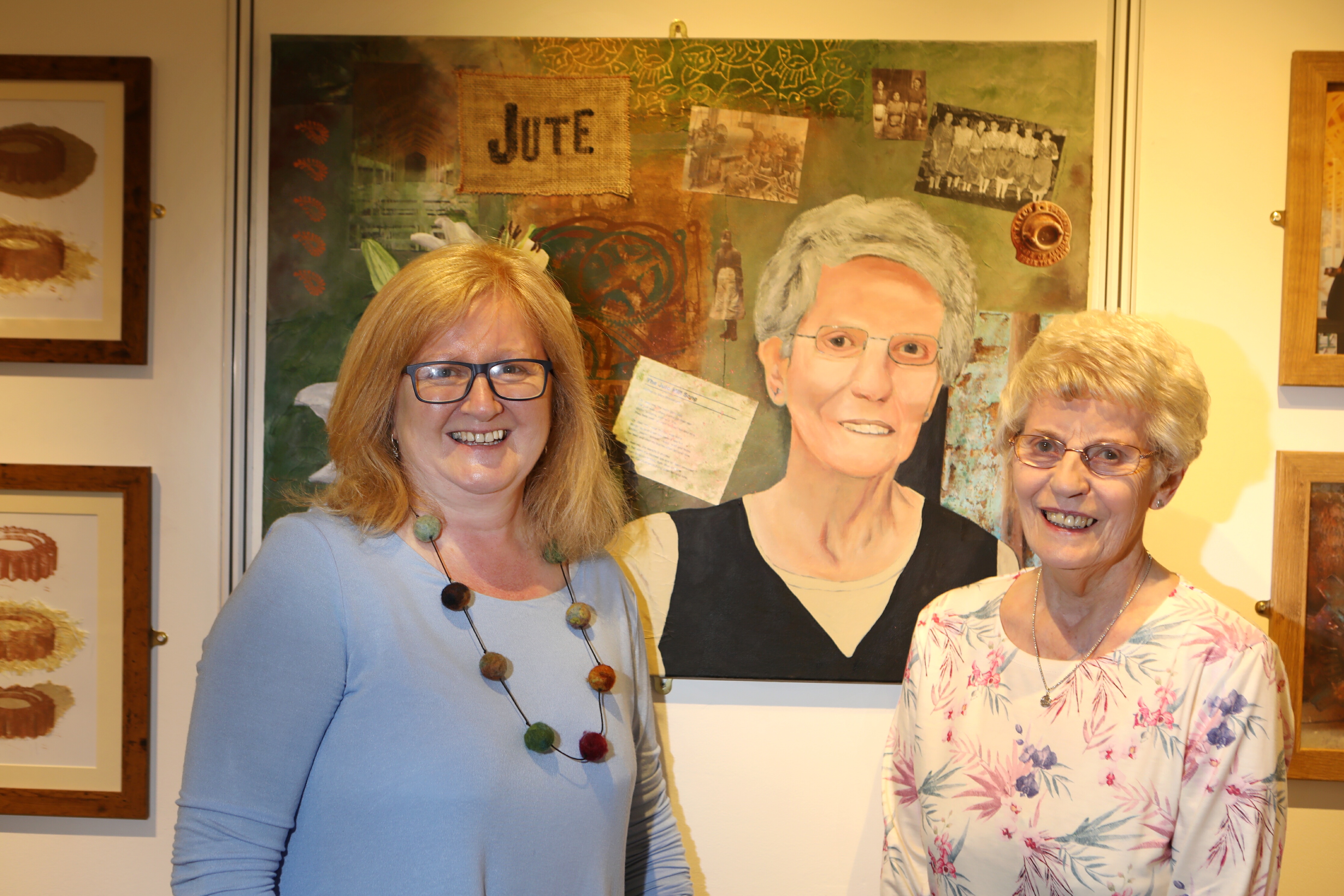 Artist Pam Kelly with painting of 79 year old ex-weaver Lily Thomson