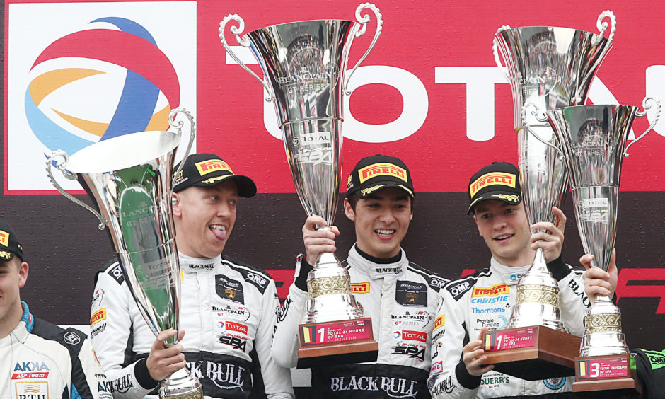 Angus Lamborghini racer Sandy Mitchell on the Spa 24H podium.