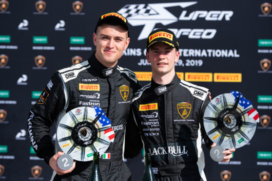 Sandy Mitchell (right) with Andrea Amici on the Watkins Glen podium