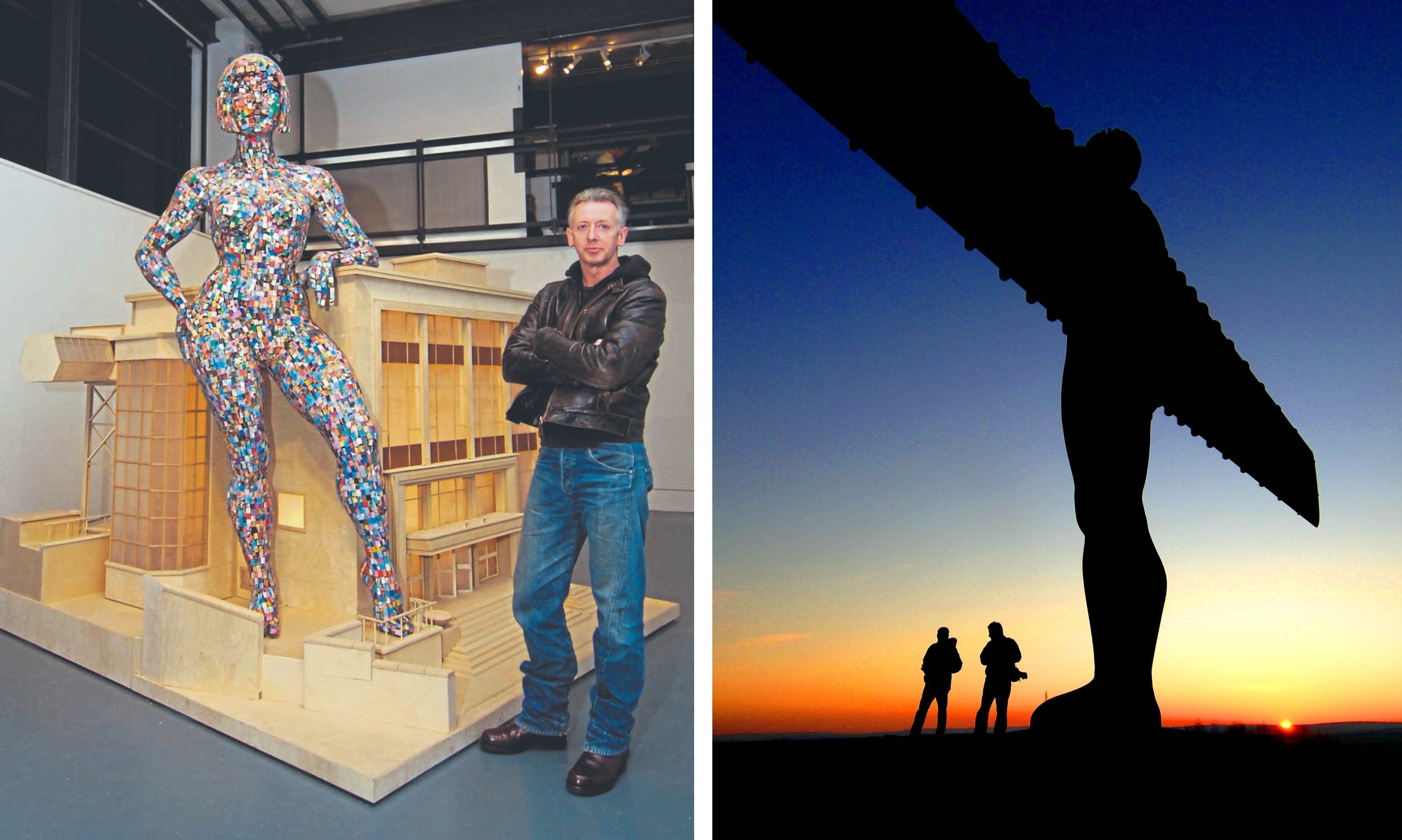Left: Artist David Mach with a model of BioCollosus and DJCAD’s Crawford building. Right: The Angel of the North.