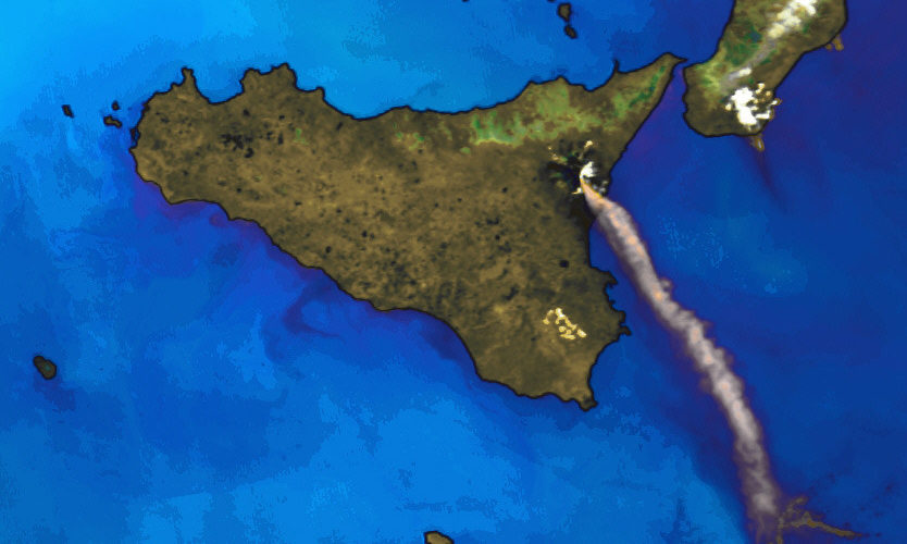 An image collected by DSRS showing a giant plume of ash and toxic gas spewing from Mount Etna in Sicily in 2001