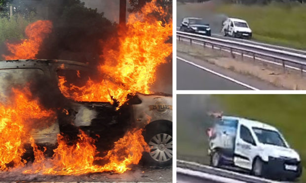 The van caught fire on the A90 between Dundee and Forfar.