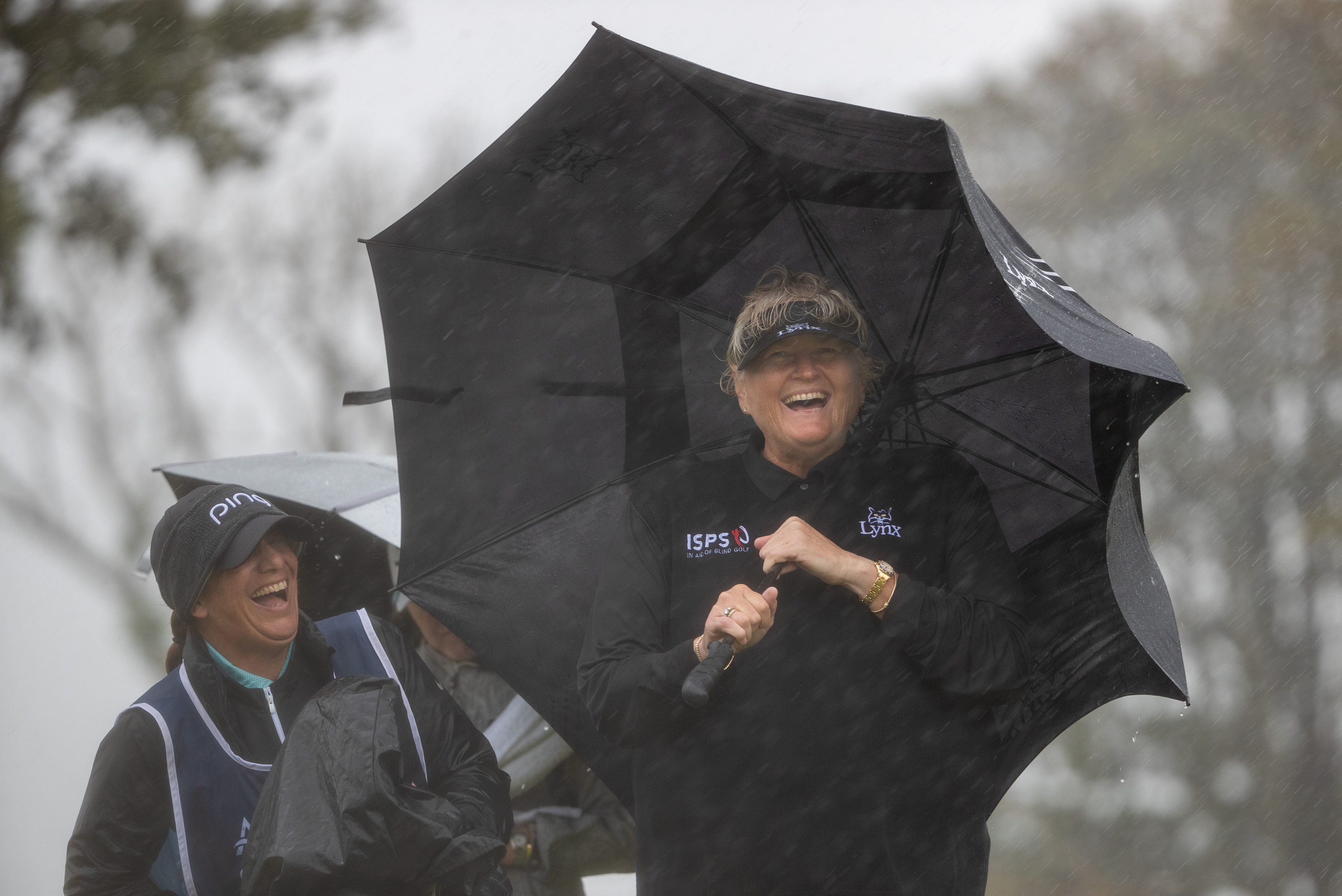 England's Dame Laura Davies continues to smile through the driving wind and rain during day two of the Aberdeen Standard Investments Ladies Scottish Open.
