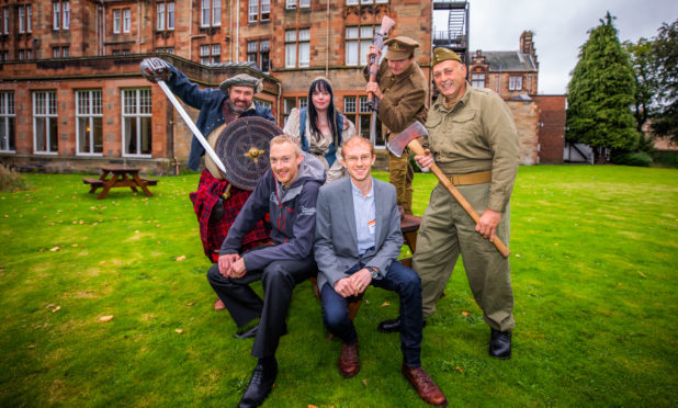 Dr Gary Lindsay (Research and Engagement Officer) and guest speaker (right), Dr Matthew Knight (Scottish Chalcolithic and Bronze Age specialist) alongside (back, left to right), Gary Knight, wife Lynne Knight (from Perth) and Dave Hutchison (from Aberfeldy) with Clive Ashton-Clements (from Aberfeldy). Station Hotel, Leonard Street, Perth.