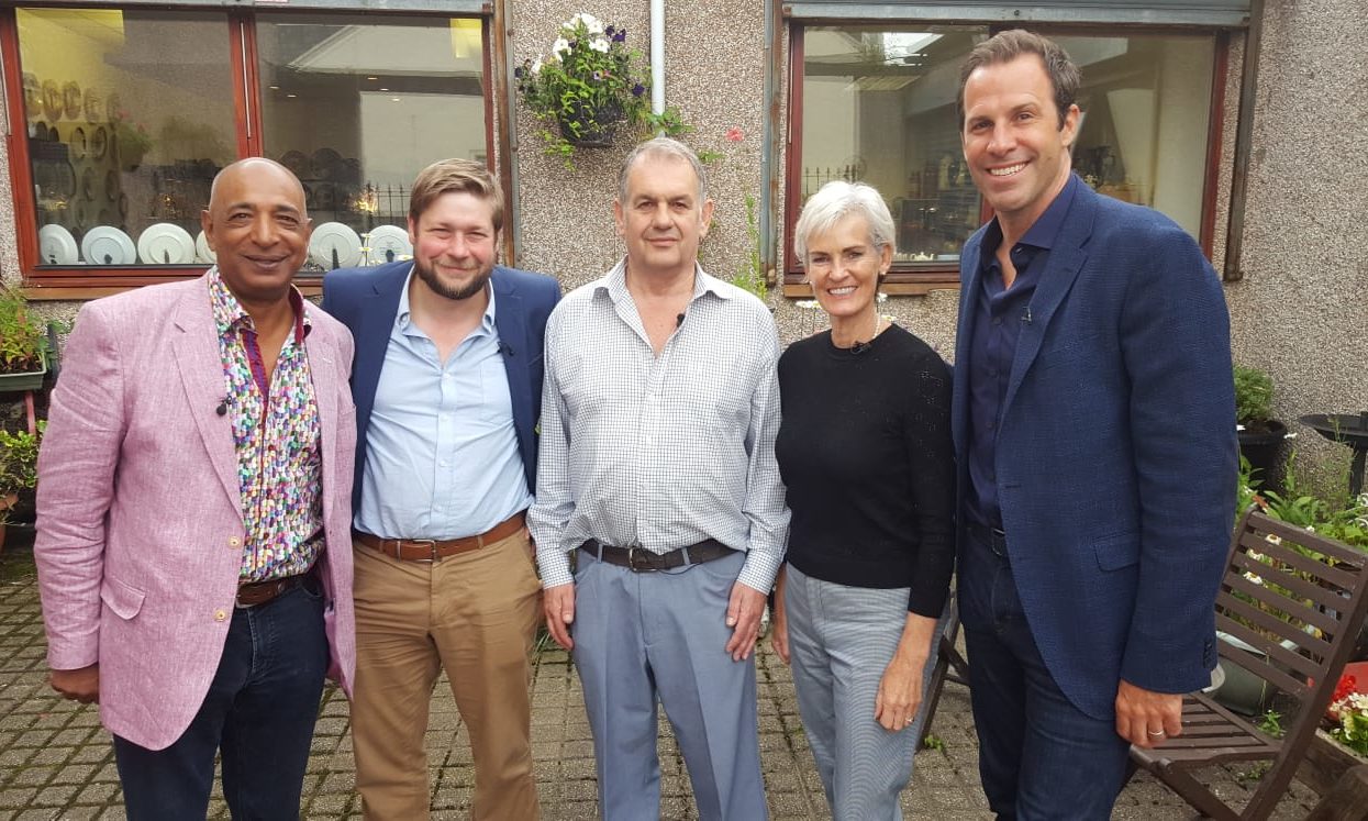 Raj Bisram, Angus Ashworth, Derek Pook, Judy Murray and Greg Rusedski outside Clepington Antiques and Collectables Centre on August 1.