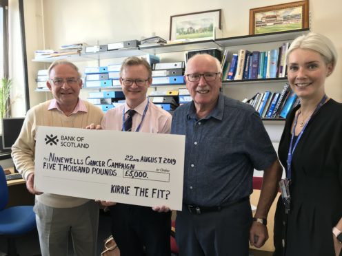 The boys pictured with Professor Russell Petty, Professor of Oncology and Gail Robertson of Ninewells Cancer Campaign.