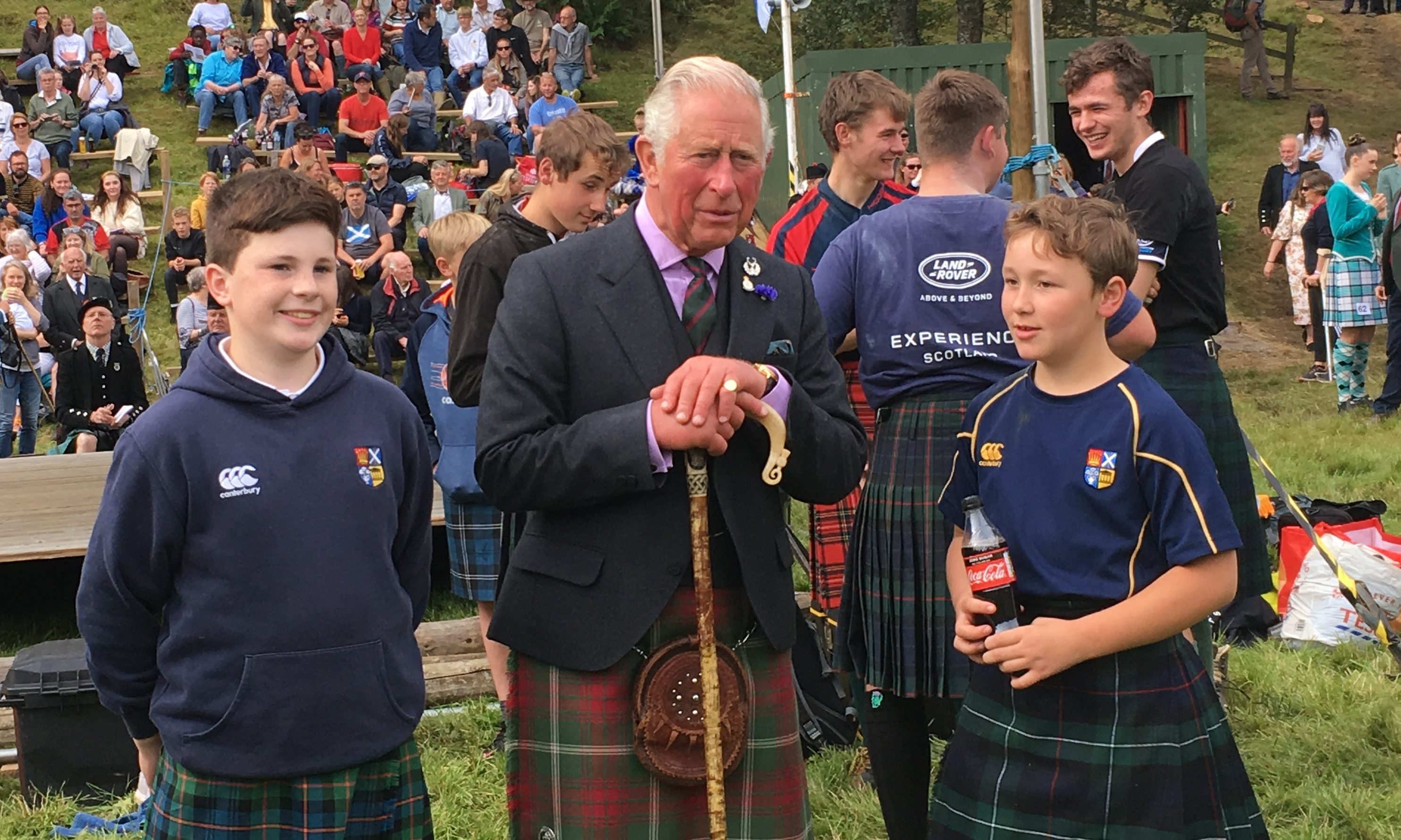 The Duke of Rothesay with High School of Dundee pupils Rowan Hart (left) and Julis Ramsay.