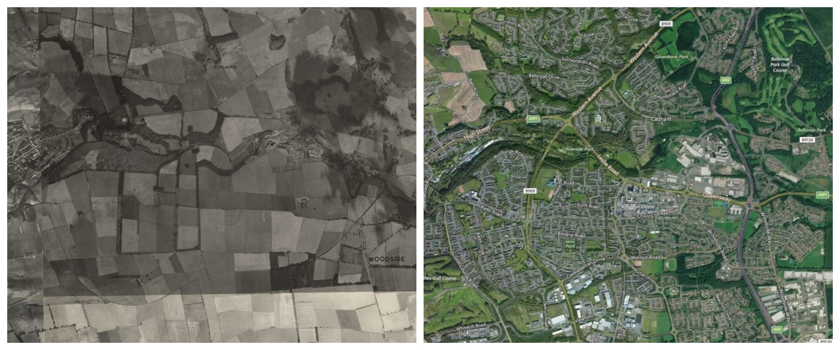 Before Glenrothes was built in the 1940s and how the town looks today.