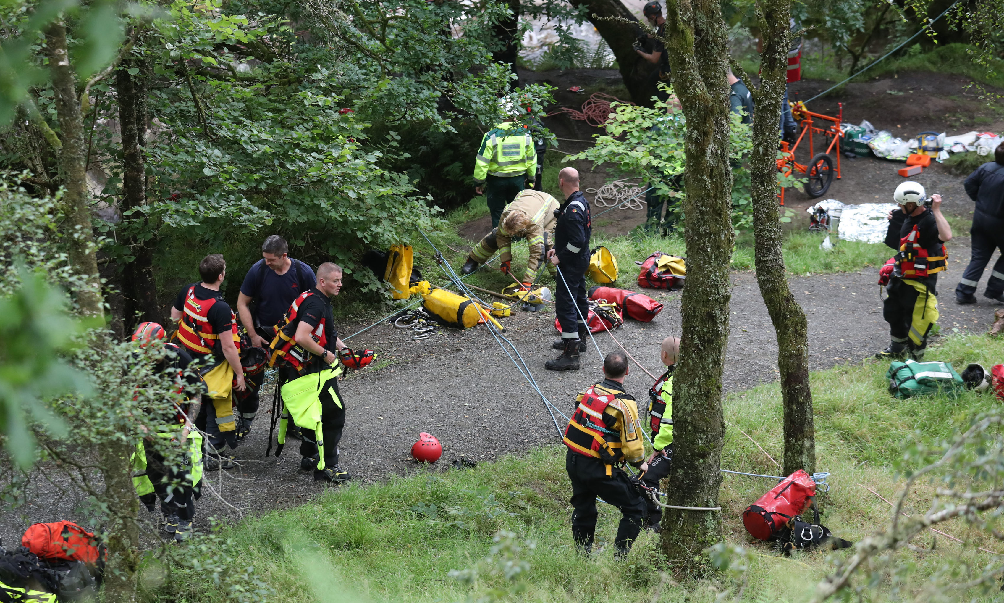 Emergency services at Bracklinn Falls, near Callander, Perthshire.