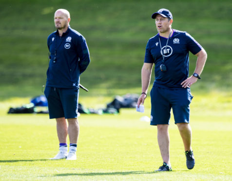 Scotland head coach Gregor Townsend (left) with assistant Matt Taylor at training yesterday.