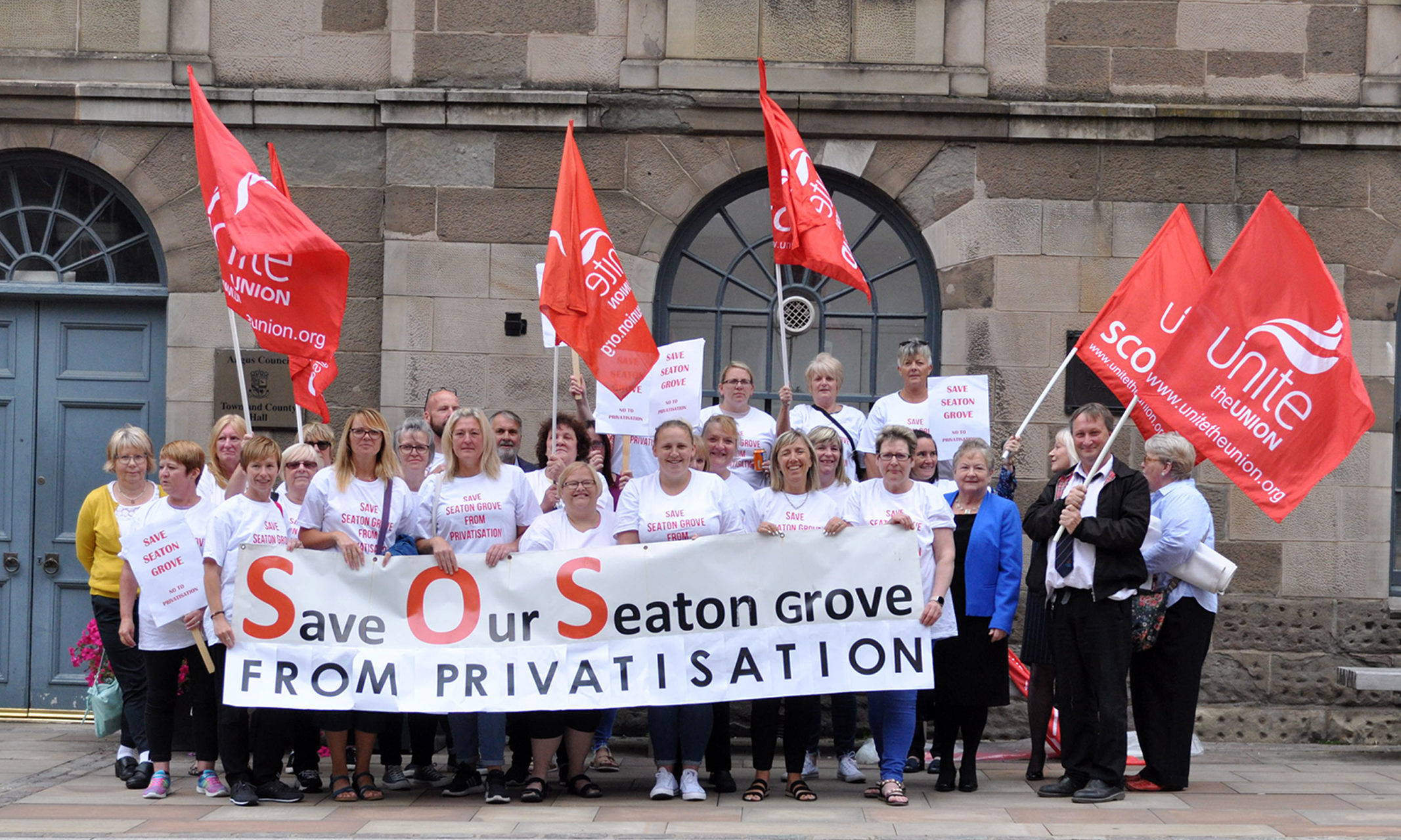 Caption (description) -CR0013488, Campaigners will stage a protest outside Town and County Hall in Forfar as the Integration Joint Board considers the future of Seaton Grove care home in Arbroath, Picture shows,Seaton Grove care home protestors, 28 August 2019