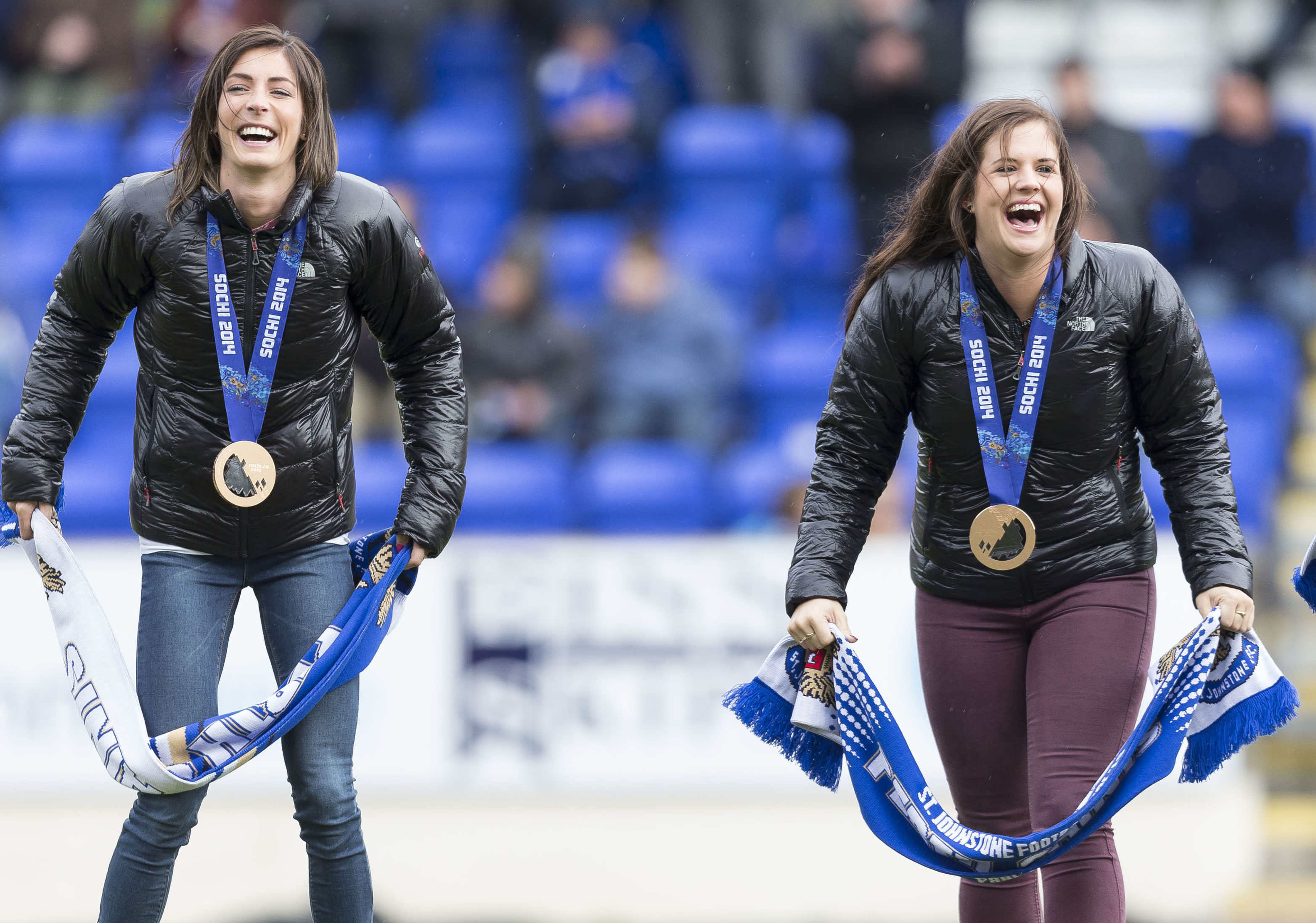 Eve and Vicki Adams show off their Olympic medals at McDiarmid Park.