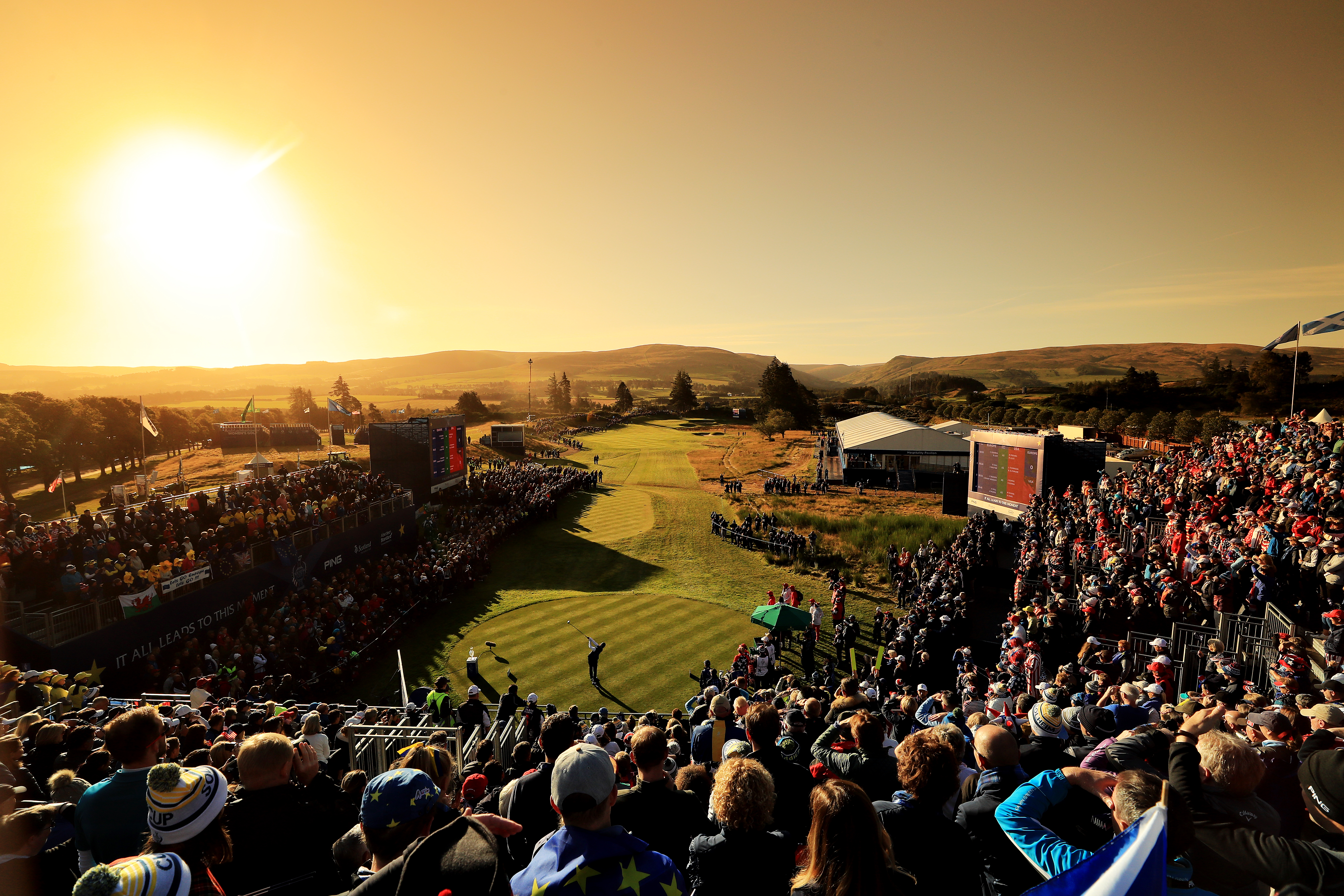 Sunrise over the first tee on the first day at the Solheim Cup at Gleneagles.